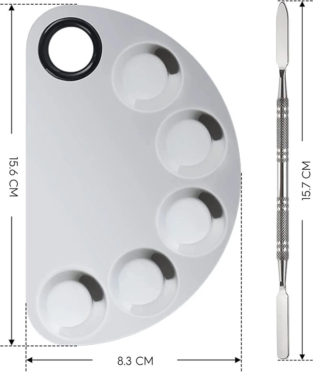 YUBBI™ Professioneel Mixing Palette - Inclusief Spatula - Voor Make Up - Nail Art - Nagellak - Gellak - RVS - Zilver 4 YUBBI™ Professioneel Mixing Palette - Inclusief Spatula - Voor Make Up - Nail Art - Nagellak - Gellak - RVS - Zilver - Afbeelding 2