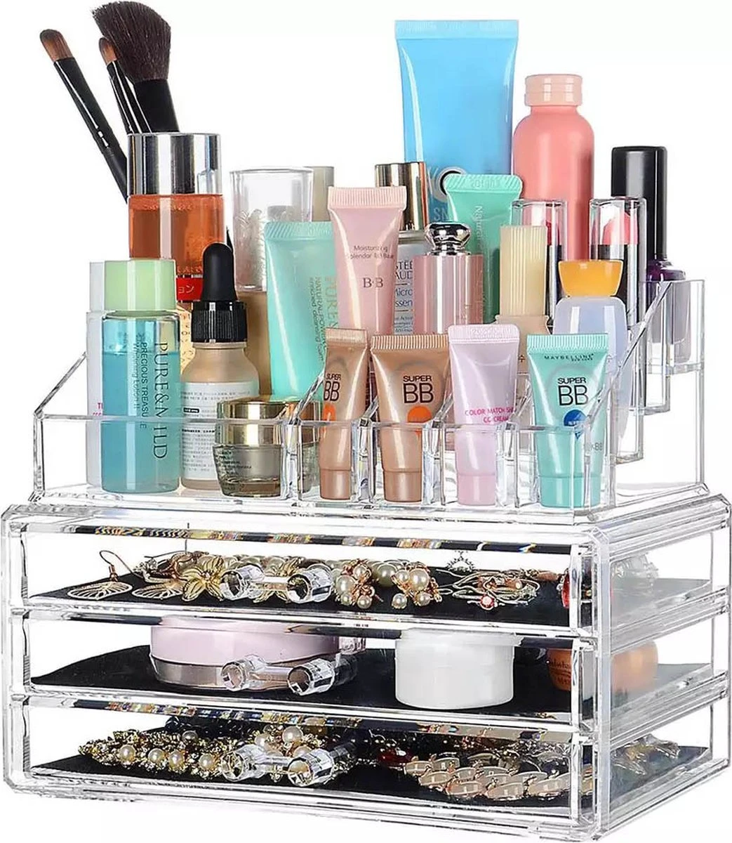Confibel - Make-up Organizer - Cosmetica Organizer - Verstelbare Lades - Sieraden/Make-up - Cosmetica Opbergdoos - Transparant 4 Confibel - Make-up Organizer - Cosmetica Organizer - Verstelbare Lades - Sieraden/Make-up - Cosmetica Opbergdoos - Transparant - Afbeelding 2