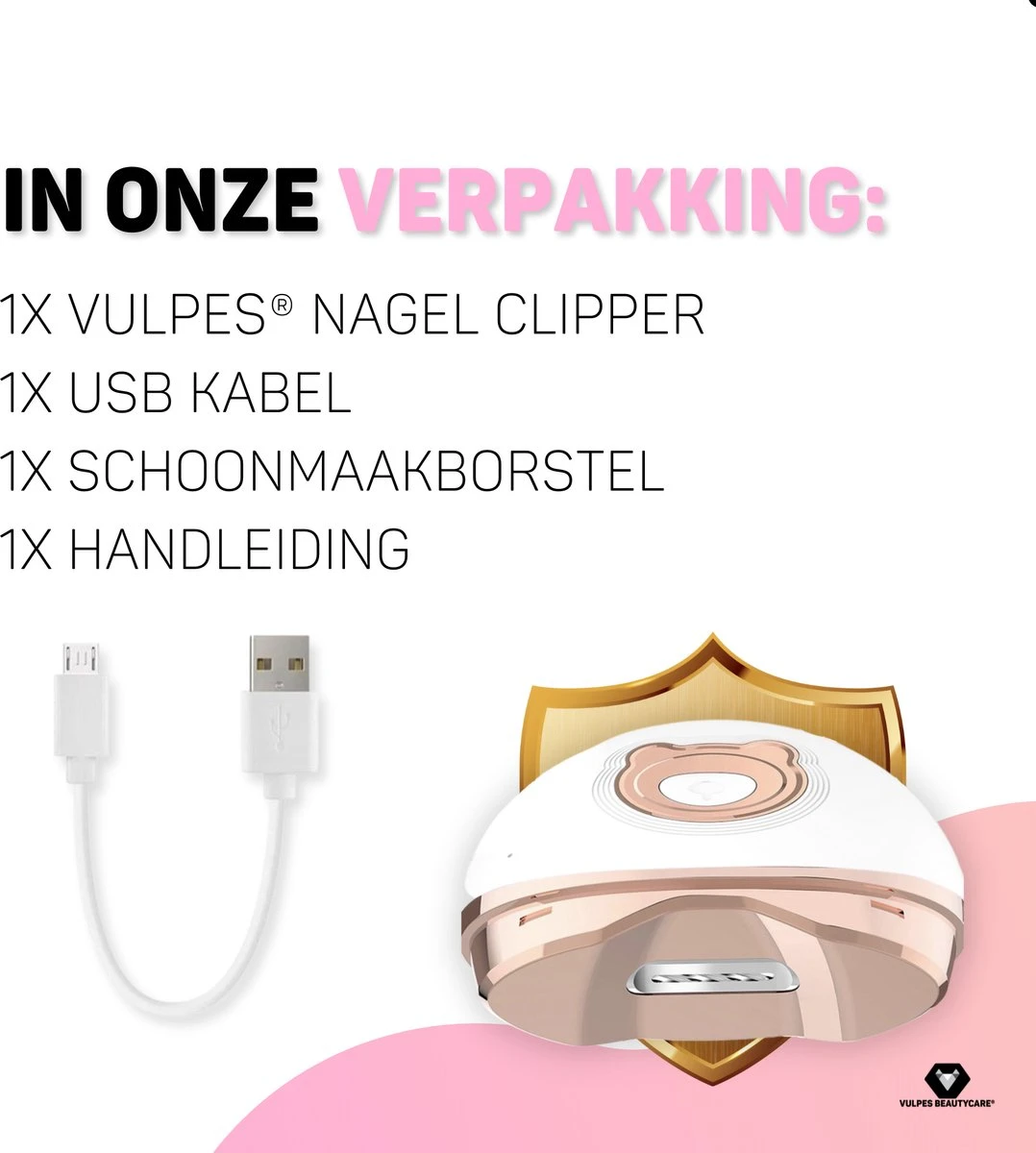 Vulpes BeautyCare® Elektrische Nagelknipper - Nagelschaar Met Opvangbakje – Veilige Nagelschaar Voor Baby’s, Kinderen, Volwassenen En Ouderen - Draadloos En Geruisloos – USB-Oplaadbaar – Rosé / Wit 11 Vulpes BeautyCare® Elektrische Nagelknipper - Nagelschaar Met Opvangbakje – Veilige Nagelschaar Voor Baby’s, Kinderen, Volwassenen En Ouderen - Draadloos En Geruisloos – USB-Oplaadbaar – Rosé / Wit - Afbeelding 9