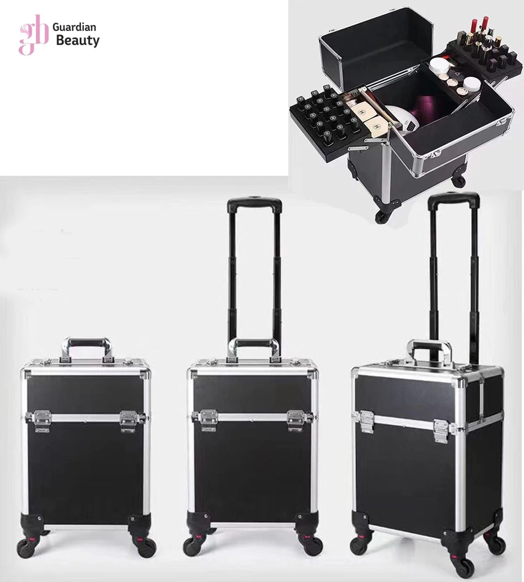 Kapper Koffer| Nagel | Visagist | Make-up | Cosmetica | Schminken | Trolley Stevig En Gemaakt Van Aluminium | 3 Delig | 8 Wielen | Bedekt Met Mooie Zilver Strips 3 Kapper Koffer| Nagel | Visagist | Make-up | Cosmetica | Schminken | Trolley Stevig En Gemaakt Van Aluminium | 3 Delig | 8 Wielen | Bedekt Met Mooie Zilver Strips