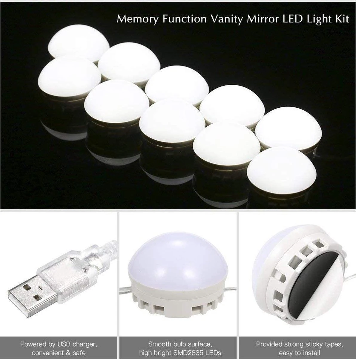 Merkloos LED Spiegel | 10 LEDS | Make-up Spiegel | Helderheid Aanpasbaar | USB Voeding | Geheugenfunctie 6 Merkloos LED Spiegel | 10 LEDS | Make-up Spiegel | Helderheid Aanpasbaar | USB Voeding | Geheugenfunctie - Afbeelding 4