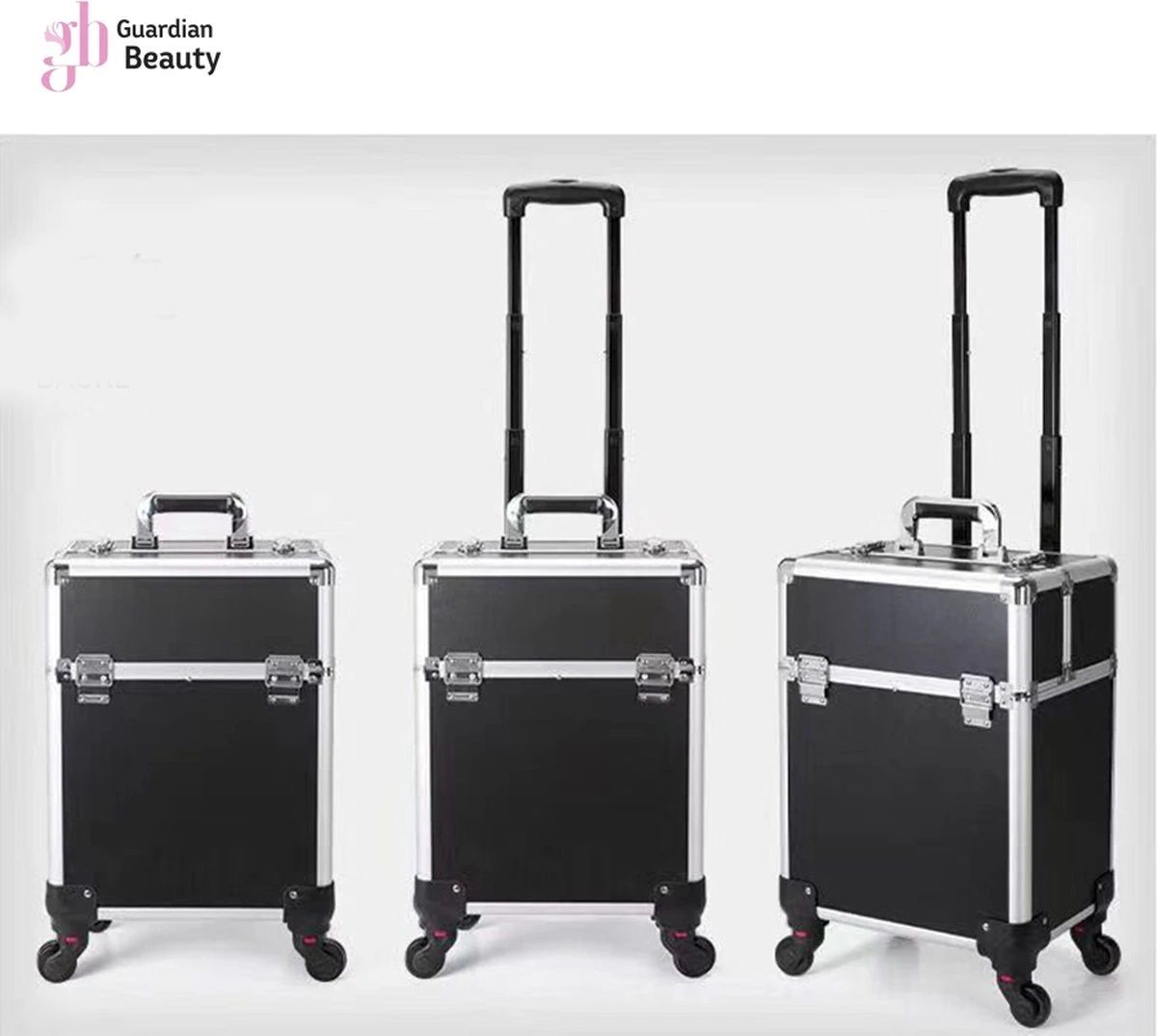 Kapper Koffer| Nagel | Visagist | Make-up | Cosmetica | Schminken | Trolley Stevig En Gemaakt Van Aluminium | 3 Delig | 8 Wielen | Bedekt Met Mooie Zilver Strips 4 Kapper Koffer| Nagel | Visagist | Make-up | Cosmetica | Schminken | Trolley Stevig En Gemaakt Van Aluminium | 3 Delig | 8 Wielen | Bedekt Met Mooie Zilver Strips - Afbeelding 2