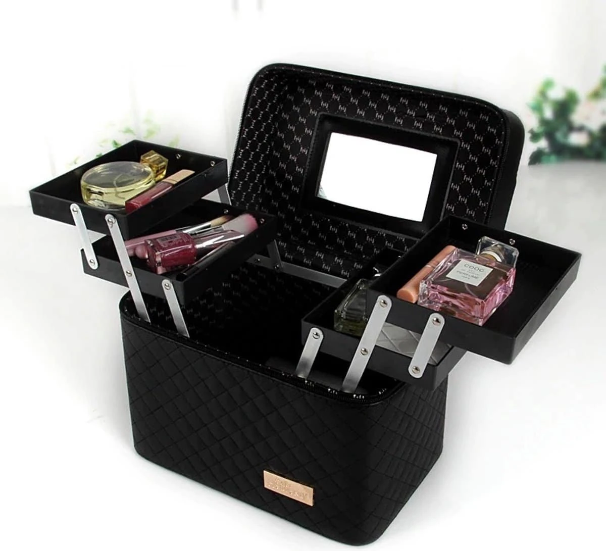 Confibel Make Up Koffer - Uitklapbaar - 5 Opbergbakken - Met Spiegel - Zwart 4 Confibel Make Up Koffer - Uitklapbaar - 5 Opbergbakken - Met Spiegel - Zwart - Afbeelding 2