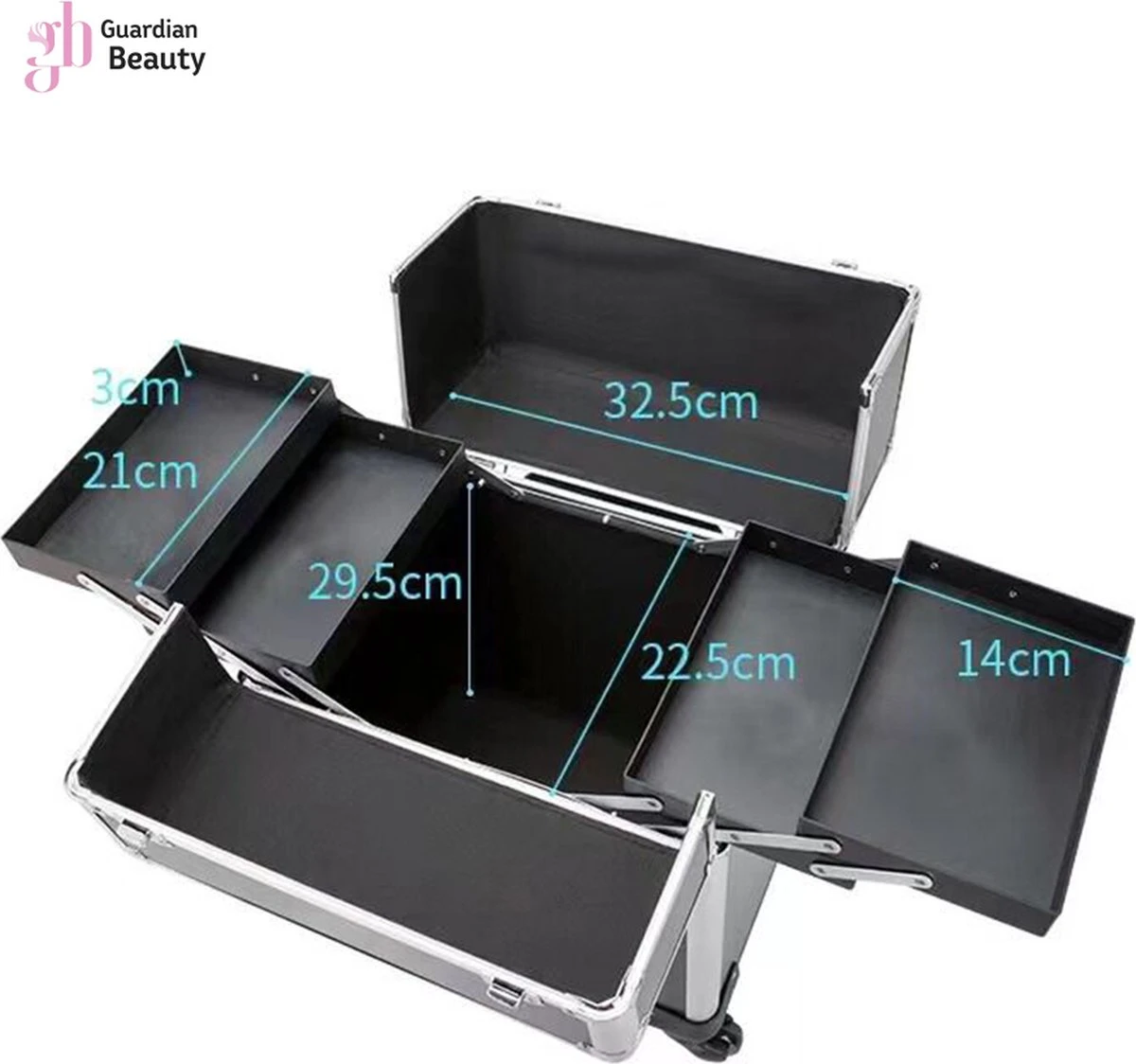 Kapper Koffer| Nagel | Visagist | Make-up | Cosmetica | Schminken | Trolley Stevig En Gemaakt Van Aluminium | 3 Delig | 8 Wielen | Bedekt Met Mooie Zilver Strips 6 Kapper Koffer| Nagel | Visagist | Make-up | Cosmetica | Schminken | Trolley Stevig En Gemaakt Van Aluminium | 3 Delig | 8 Wielen | Bedekt Met Mooie Zilver Strips - Afbeelding 4