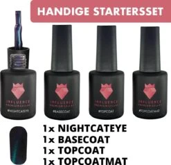 #NIGHTCATEYESERIE - Influence Gellac - Blauwe Gellak - Gellak Blauw UV - Gel Nagellak - Basecoat - Topcoat - Topcoatmat - No Wipe - Startersset - Kado Vrouw - Valentijns Cadeau - Kado Voor Haar - 4 X 10 Ml - Magneet