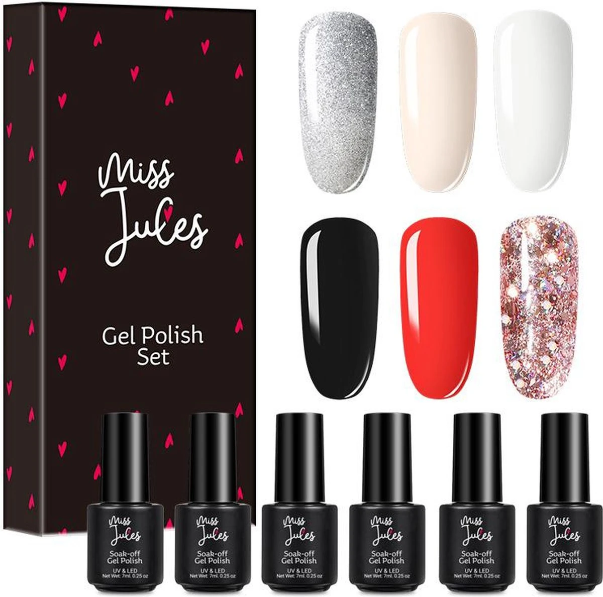 Miss Jules - 6-Delige Gellak Starterspakket - Nagellak - Kleur Rood, Wit, Creme & Glitter - Glanzend & Dekkend Resultaat 3 Miss Jules - 6-Delige Gellak Starterspakket - Nagellak - Kleur Rood, Wit, Creme & Glitter - Glanzend & Dekkend Resultaat