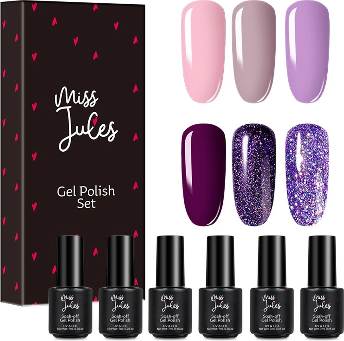 Miss Jules - 6-Delige Gellak Starterspakket - Nagellak - Kleur Paars, Lila & Glitter - Glanzend & Dekkend Resultaat 3 Miss Jules - 6-Delige Gellak Starterspakket - Nagellak - Kleur Paars, Lila & Glitter - Glanzend & Dekkend Resultaat