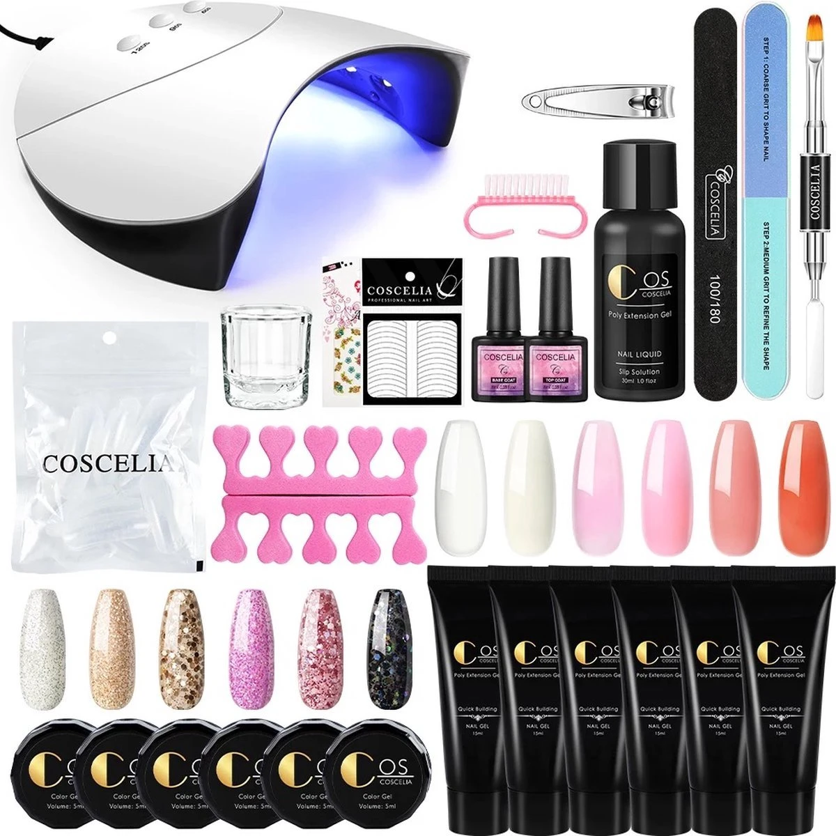 Polygel Kit- Polygel Nagels- Polygel Starter Set- 1x36W LED Nagel Droger Lamp 6x15ML Poly Gel 1 X Top Coat 1 X Base Coat 6x5ML UV Gel 1 X Dual End Nail Borstel 1x50Pcs Clear Quick Building Mold Tips 1x30ML Cleanser Plus 1 X Nagelvijl 1x6-Man 3 Polygel Kit- Polygel Nagels- Polygel Starter Set- 1x36W LED Nagel Droger Lamp 6x15ML Poly Gel 1 X Top Coat 1 X Base Coat 6x5ML UV Gel 1 X Dual End Nail Borstel 1x50Pcs Clear Quick Building Mold Tips 1x30ML Cleanser Plus 1 X Nagelvijl 1x6-Man