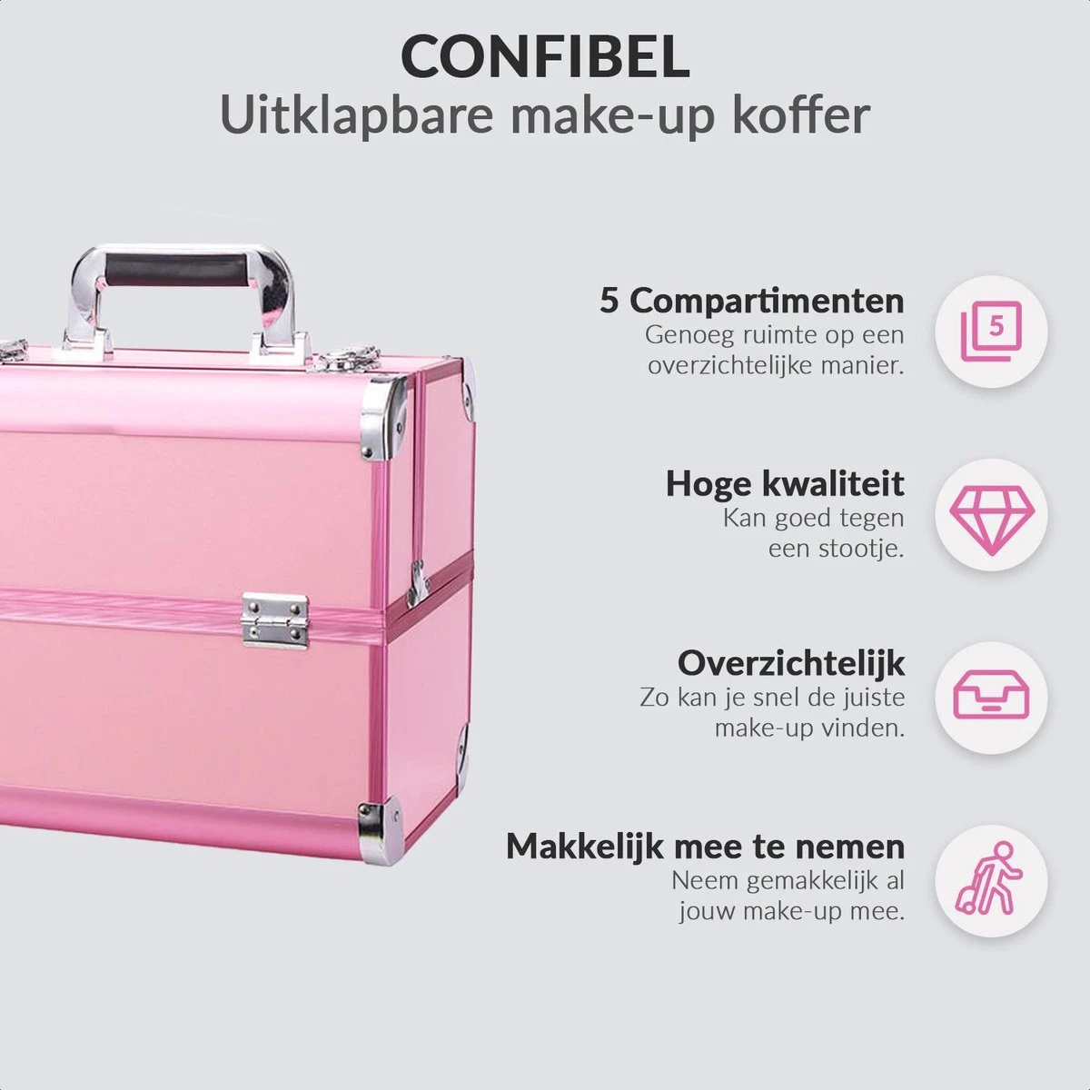 Confibel Cosmetica Koffer - Make Up Koffer Uitklapbaar - 5 Opbergbakken Make-up Koffer - Beautycase/Visagiekoffer /Cosmeticakoffer /Beautycase/ Nagelstylistekoffer - Roze 5 Confibel Cosmetica Koffer - Make Up Koffer Uitklapbaar - 5 Opbergbakken Make-up Koffer - Beautycase/Visagiekoffer /Cosmeticakoffer /Beautycase/ Nagelstylistekoffer - Roze - Afbeelding 3