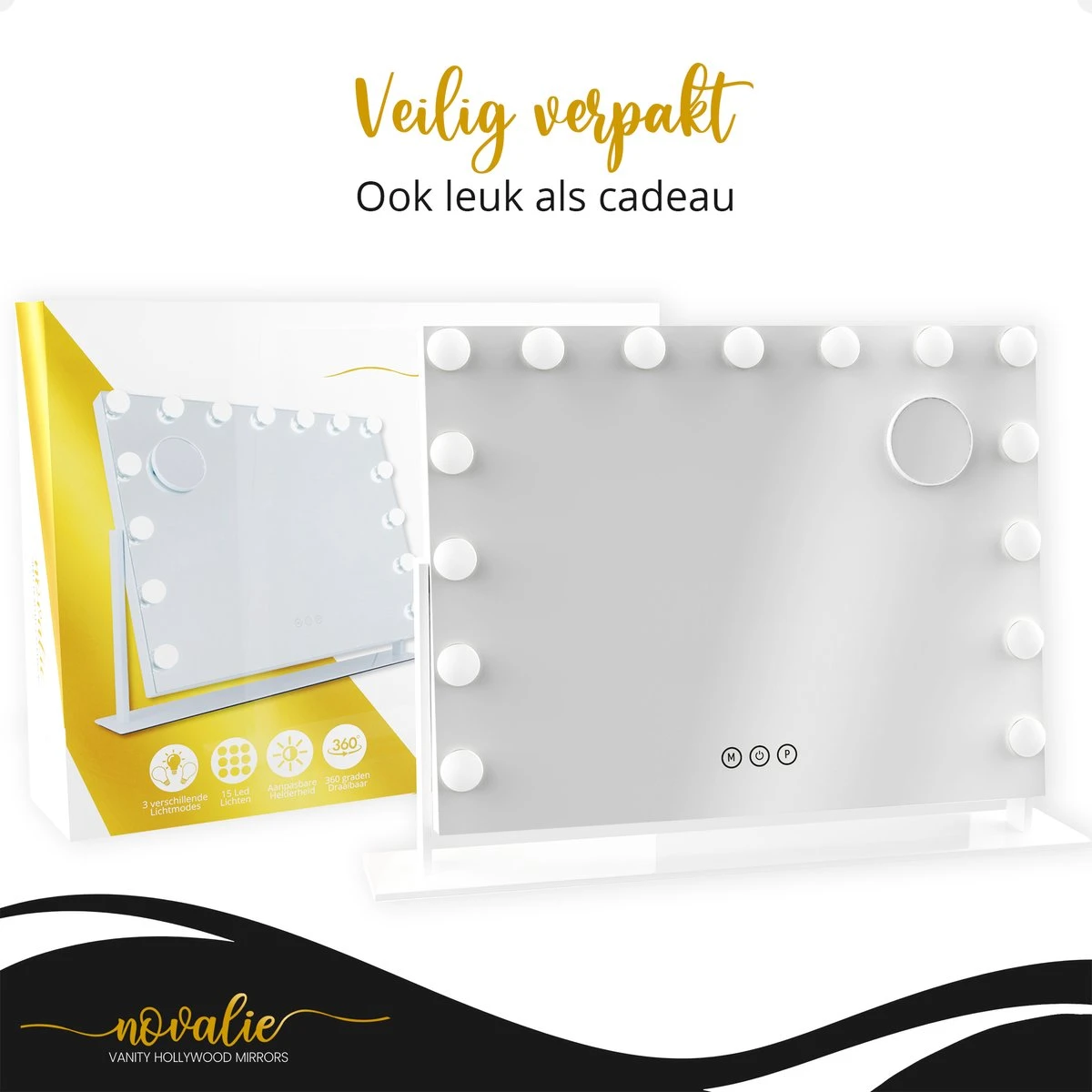 Novalie Hollywood Spiegel Met Verlichting - 65 Cm X 50 Cm - Make Up Spiegel Met Led Lampen – Visagie – Dimbaar / 3 Lichtstanden – Voor Hem / Haar Cadeau – 10x Vergroting – Met Tru-Daylight Verlichting – Wit 5 Novalie Hollywood Spiegel Met Verlichting - 65 Cm X 50 Cm - Make Up Spiegel Met Led Lampen – Visagie – Dimbaar / 3 Lichtstanden – Voor Hem / Haar Cadeau – 10x Vergroting – Met Tru-Daylight Verlichting – Wit - Afbeelding 3