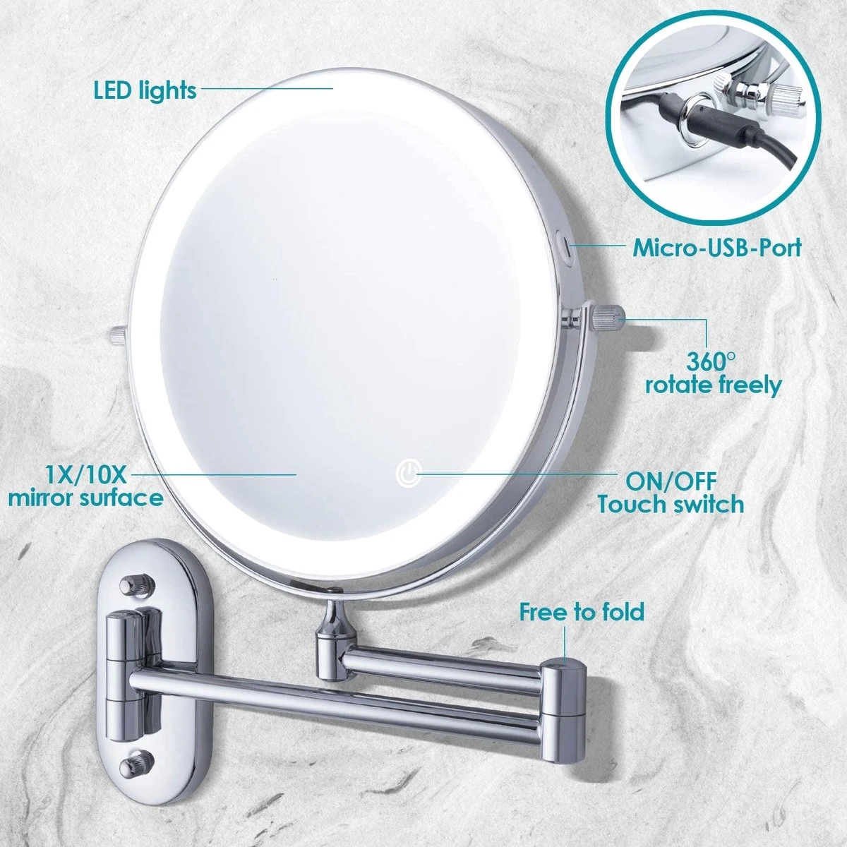 Auxmir Cosmetische Spiegel Met 1X / 10X Vergroting LED Verlichting, Dimbare Make-up Spiegel Met Touch Schakelaar USB Oplaadbare, Scheerspiegel 360 ° Draaibare Muurbeugel Voor Badkamer, Spa En Hotel 5 Auxmir Cosmetische Spiegel Met 1X / 10X Vergroting LED Verlichting, Dimbare Make-up Spiegel Met Touch Schakelaar USB Oplaadbare, Scheerspiegel 360 ° Draaibare Muurbeugel Voor Badkamer, Spa En Hotel - Afbeelding 3