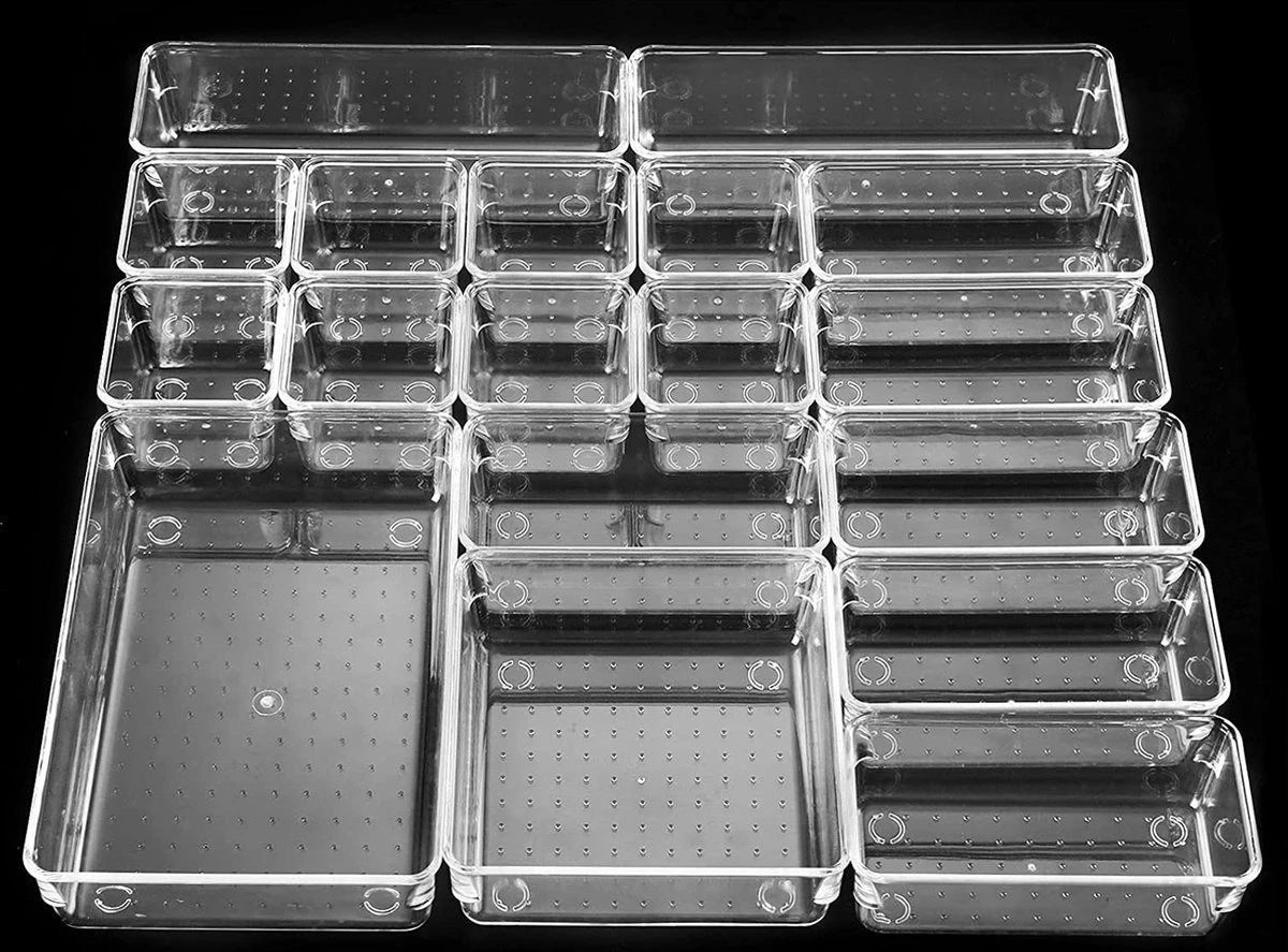 Aokyom Make-uporganizer, 18 Stuks, Kunststof Opbergdozen Voor Kantoor, Lades, Organizer, Lade-organizer, Doorzichtige Lade-inzet Voor Bureau, Keuken, Badkamer 3 Aokyom Make-uporganizer, 18 Stuks, Kunststof Opbergdozen Voor Kantoor, Lades, Organizer, Lade-organizer, Doorzichtige Lade-inzet Voor Bureau, Keuken, Badkamer
