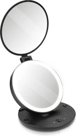 Navaris 1x/5x Vergrotende Make-up Spiegel - Compacte Opvouwbare Kap- En Reisspiegel - Led-verlichte Dubbelzijdige Make-upspiegel - Zwart