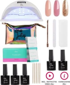 Miss Jules - Complete Gellak Starterspakket - Kleur Nude Roze Glitter - Glanzend & Dekkend Resultaat - Inclusief UV/LED Lamp & Instructievideo (NL)